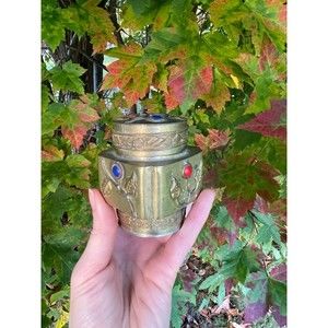 Antique Etched and Inlaid Chinese Brass Lidded Jar Trinket Box